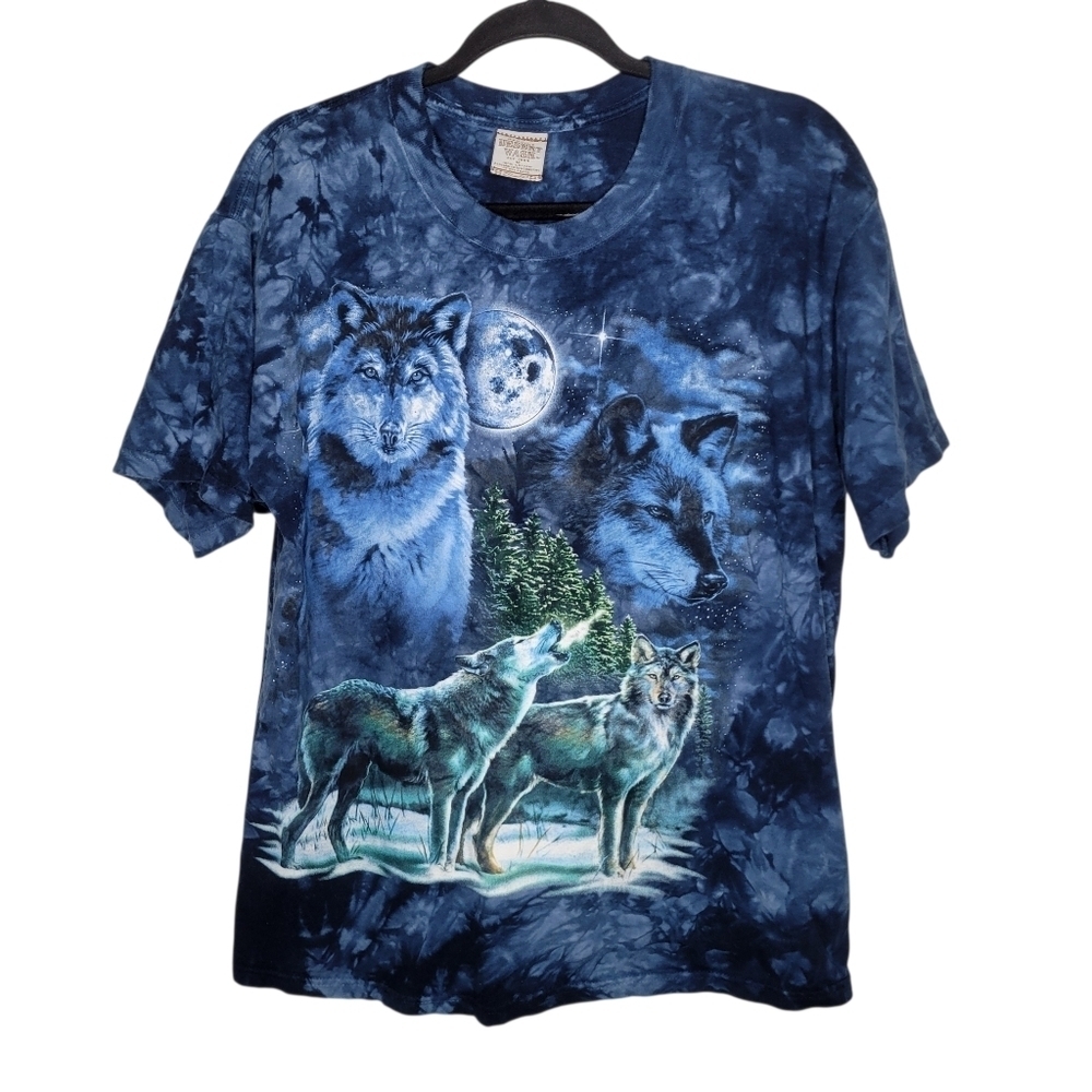 Vintage 90s Wolf Animal Dog Nature Tie Dye Graphic T-Shirt Size Medium
